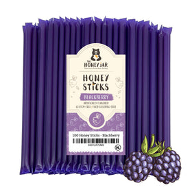 The Honey Jar blackberry flavored honey sticks in premium packaging for on-the-go sweetness.