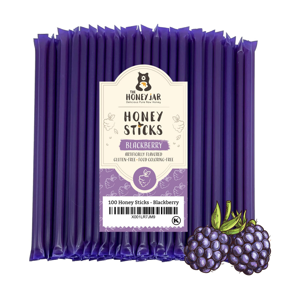 The Honey Jar blackberry flavored honey sticks in premium packaging for on-the-go sweetness.