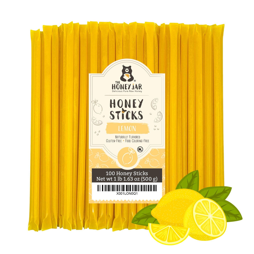 The Honey Jar Lemon Sticks packaging close-up, highlighting premium local honey.