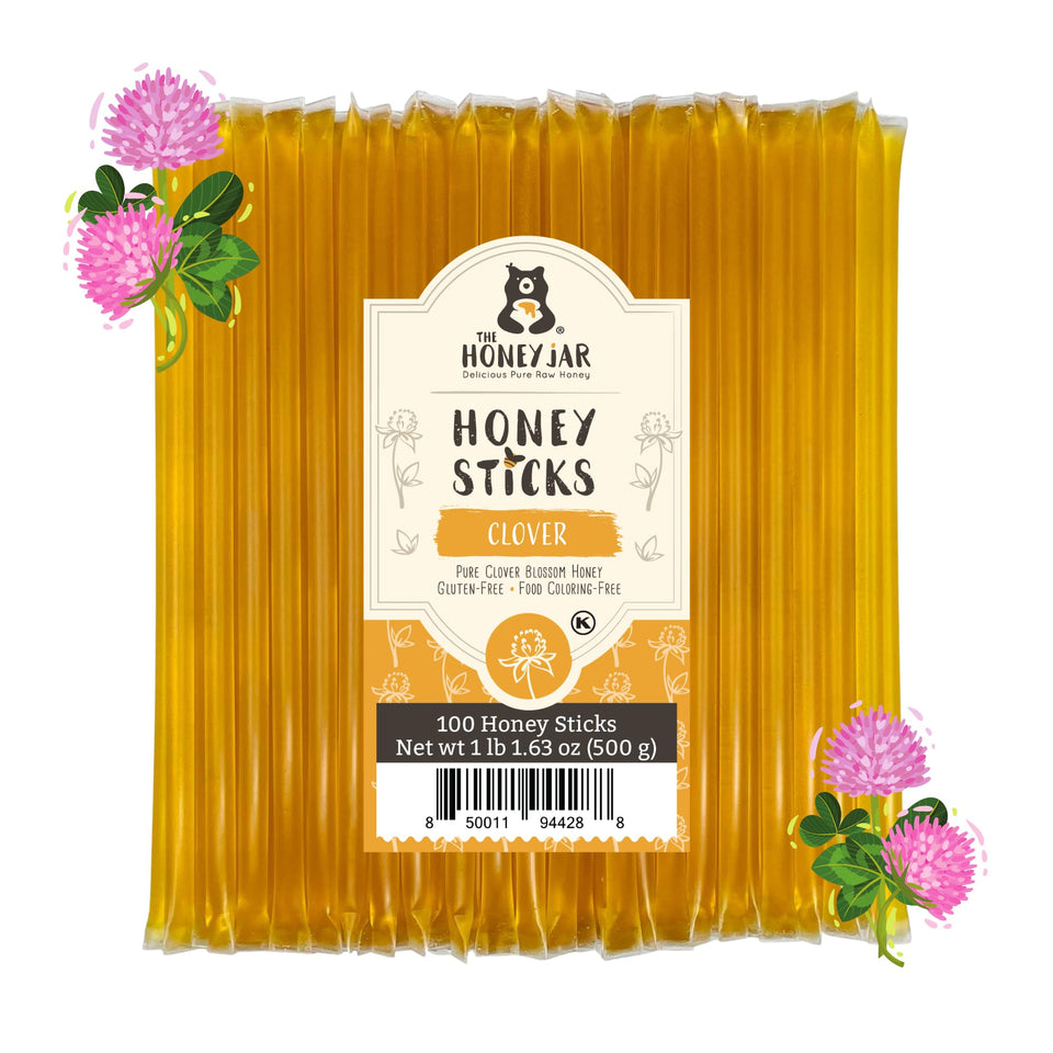 The Honey Jar Plain Honey Sticks packaging shows BPA-free convenience for on-the-go sweetness.