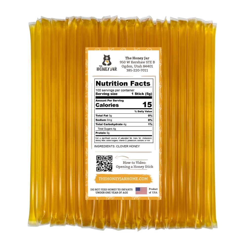 The Honey Jar Plain Honey Sticks per stick reveals pure clover honey in a portable straw.