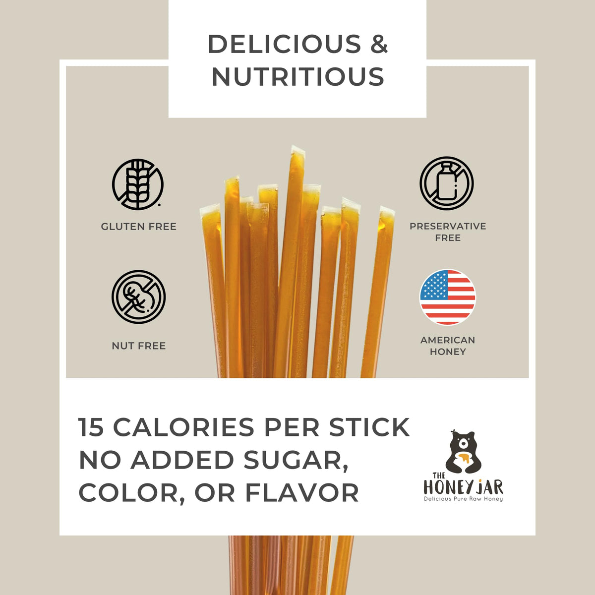 The Honey Jar Plain Honey Sticks USA-made label highlights local sourcing and quality.