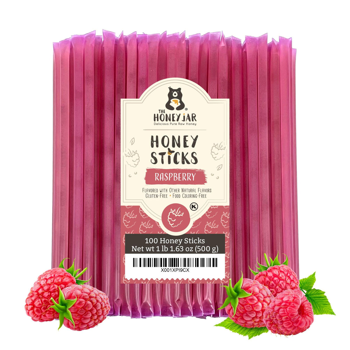 The Honey Jar raspberry flavored honey sticks box for tea and snacks.
