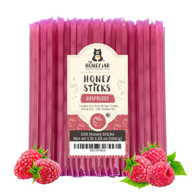 The Honey Jar raspberry flavored honey sticks box for tea and snacks.
