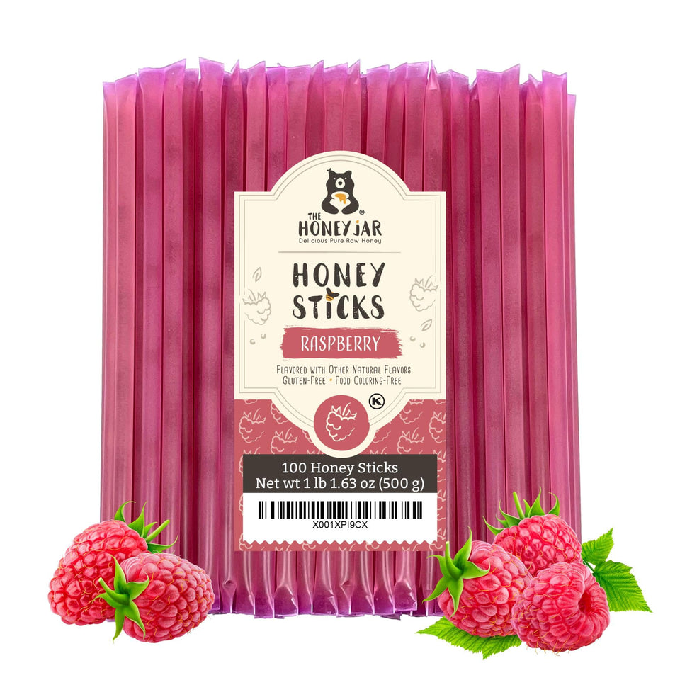 The Honey Jar raspberry flavored honey sticks box for tea and snacks.