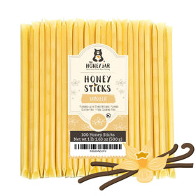 The Honey Jar vanilla flavored honey sticks pack, perfect for tea and coffee sweetness