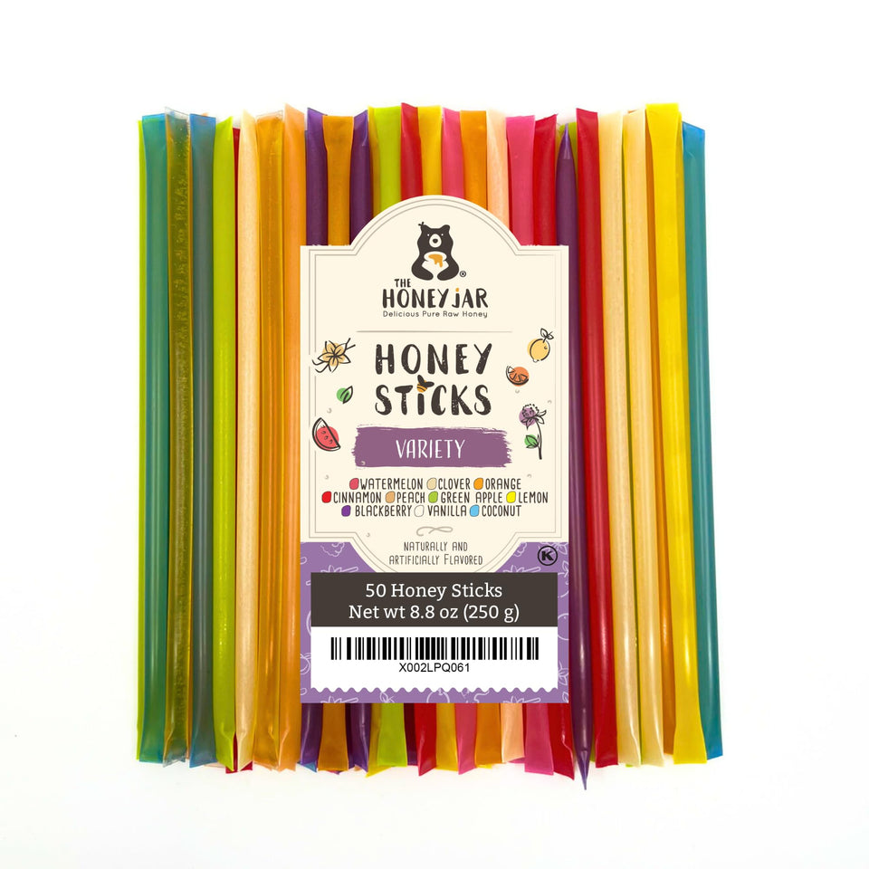 The Honey Jar variety pack honey sticks packaging shows convenient single-serve sweetness.