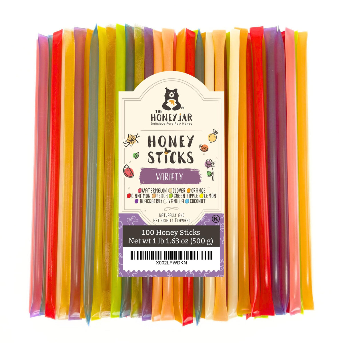 The Honey Jar variety pack honey sticks packaging highlights USA-made premium honey