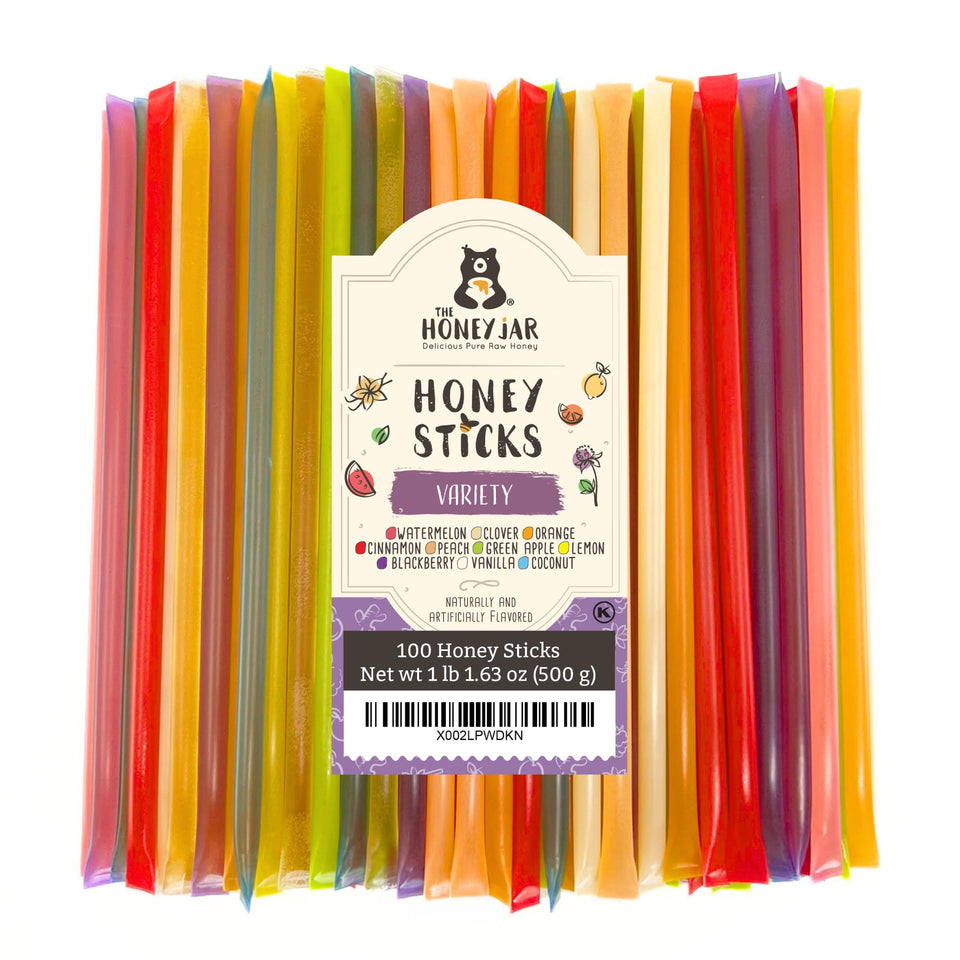 The Honey Jar variety pack honey sticks packaging highlights USA-made premium honey