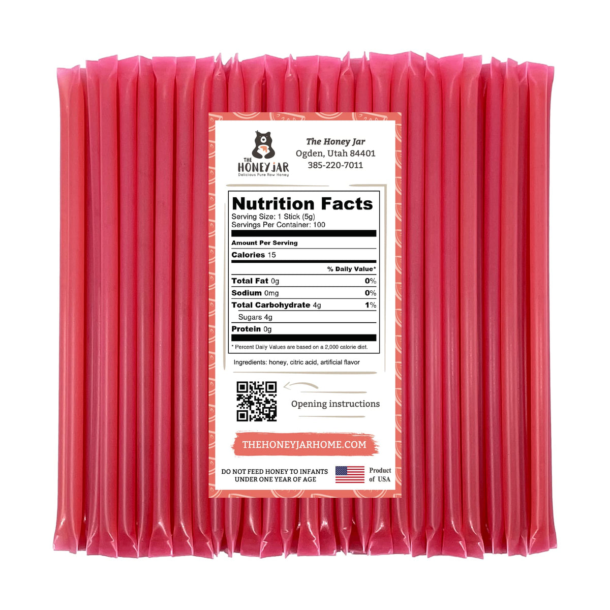 The Honey Jar Watermelon flavored honey stick closeup highlights pure clover honey and watermelon flavor.