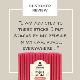 The Honey Jar Watermelon flavored honey stick dispense demonstrates easy squeeze into beverages.