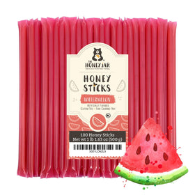 The Honey Jar Watermelon flavored honey stick packaging shows convenient single-serving sweetness.