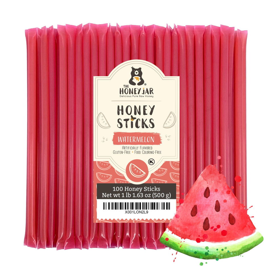 The Honey Jar Watermelon flavored honey stick packaging shows convenient single-serving sweetness.