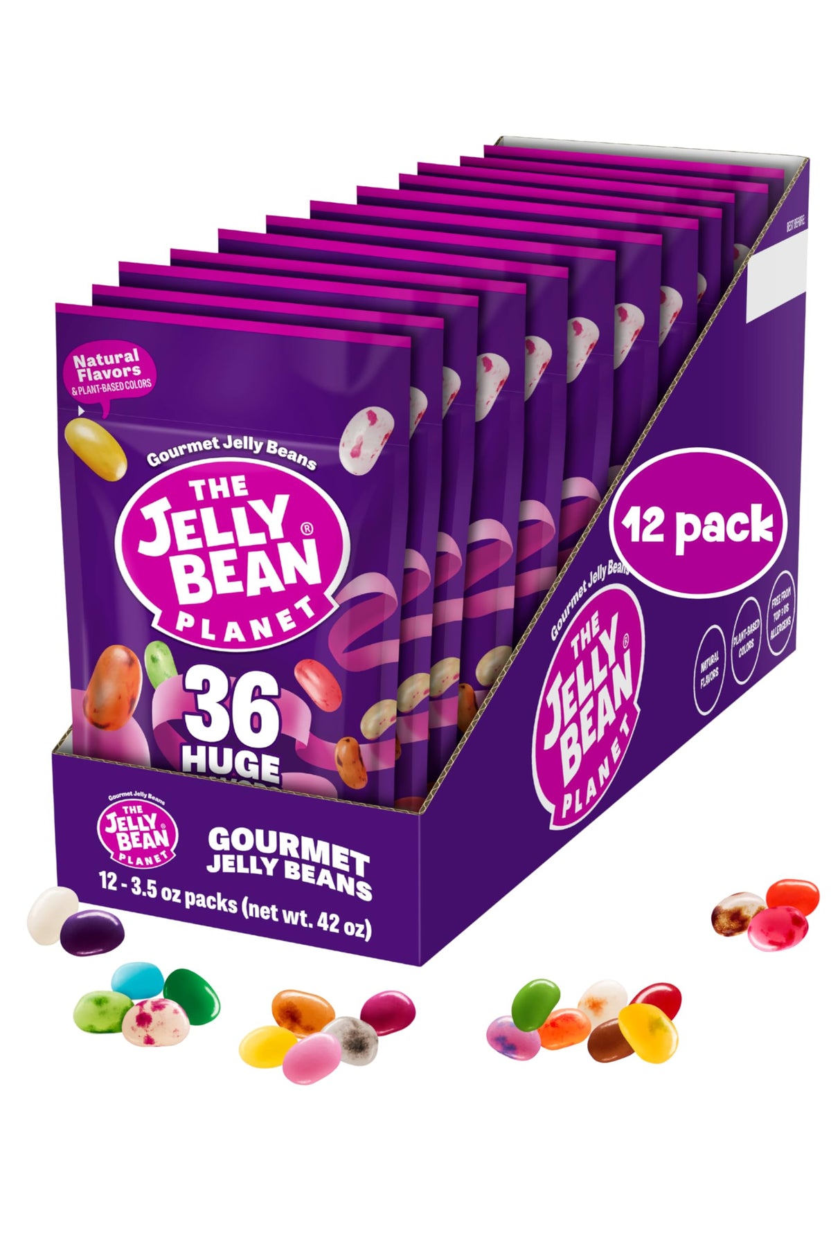 The Jelly Bean Planet 12-pack box with colorful beans for on-the-go snacking.