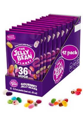 The Jelly Bean Planet 12-pack box with colorful beans for on-the-go snacking.