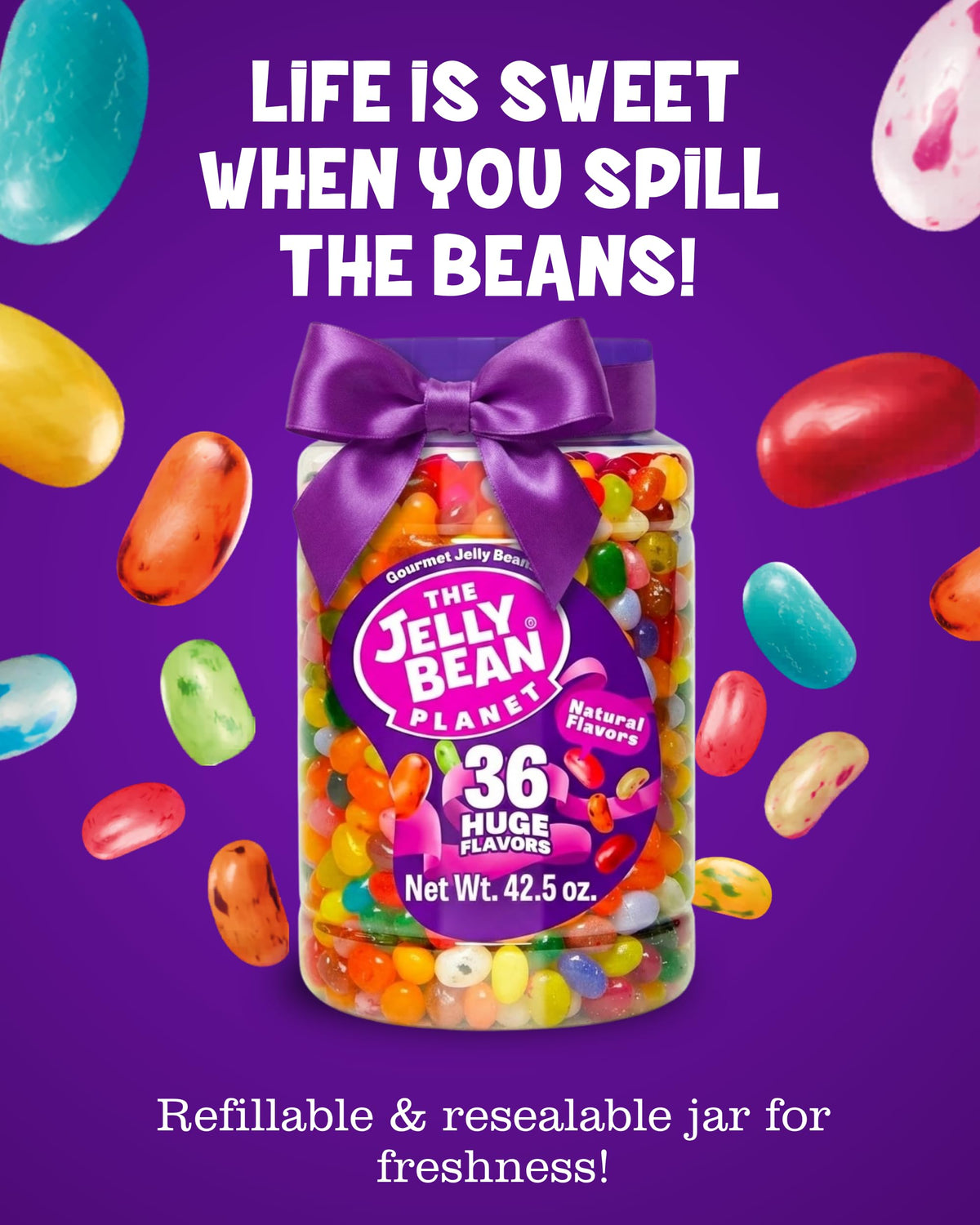 The Jelly Bean Planet assorted flavors jar highlights vibrant colors and glossy shells.