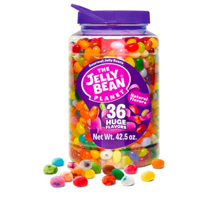 The Jelly Bean Planet bulk jar closeup shows 36 natural flavors for party snacking.