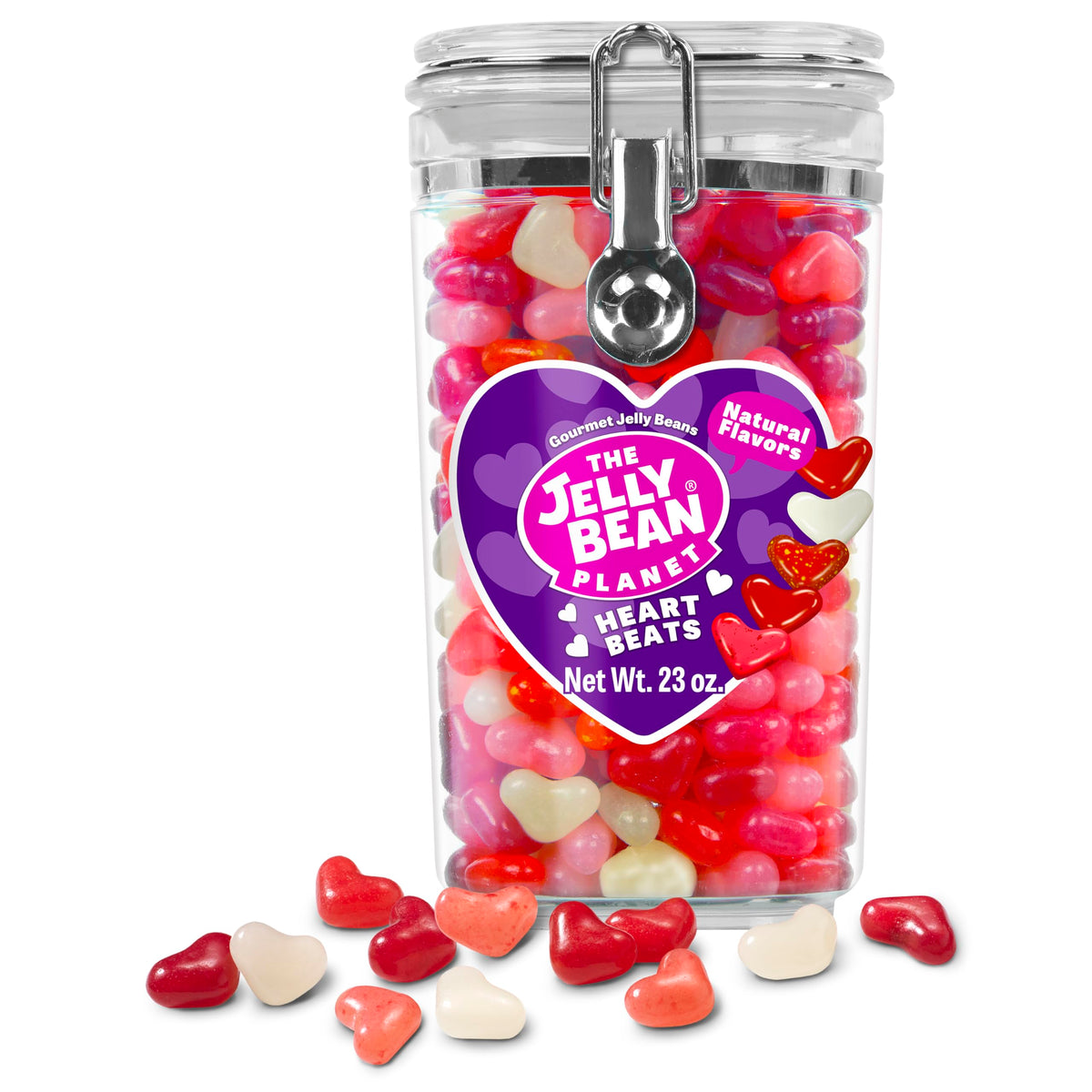 The Jelly Bean Planet Heart Beats jar with colorful heart-shaped jelly beans for gifting and sharing.