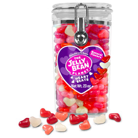 The Jelly Bean Planet Heart Beats jar with colorful heart-shaped jelly beans for gifting and sharing.