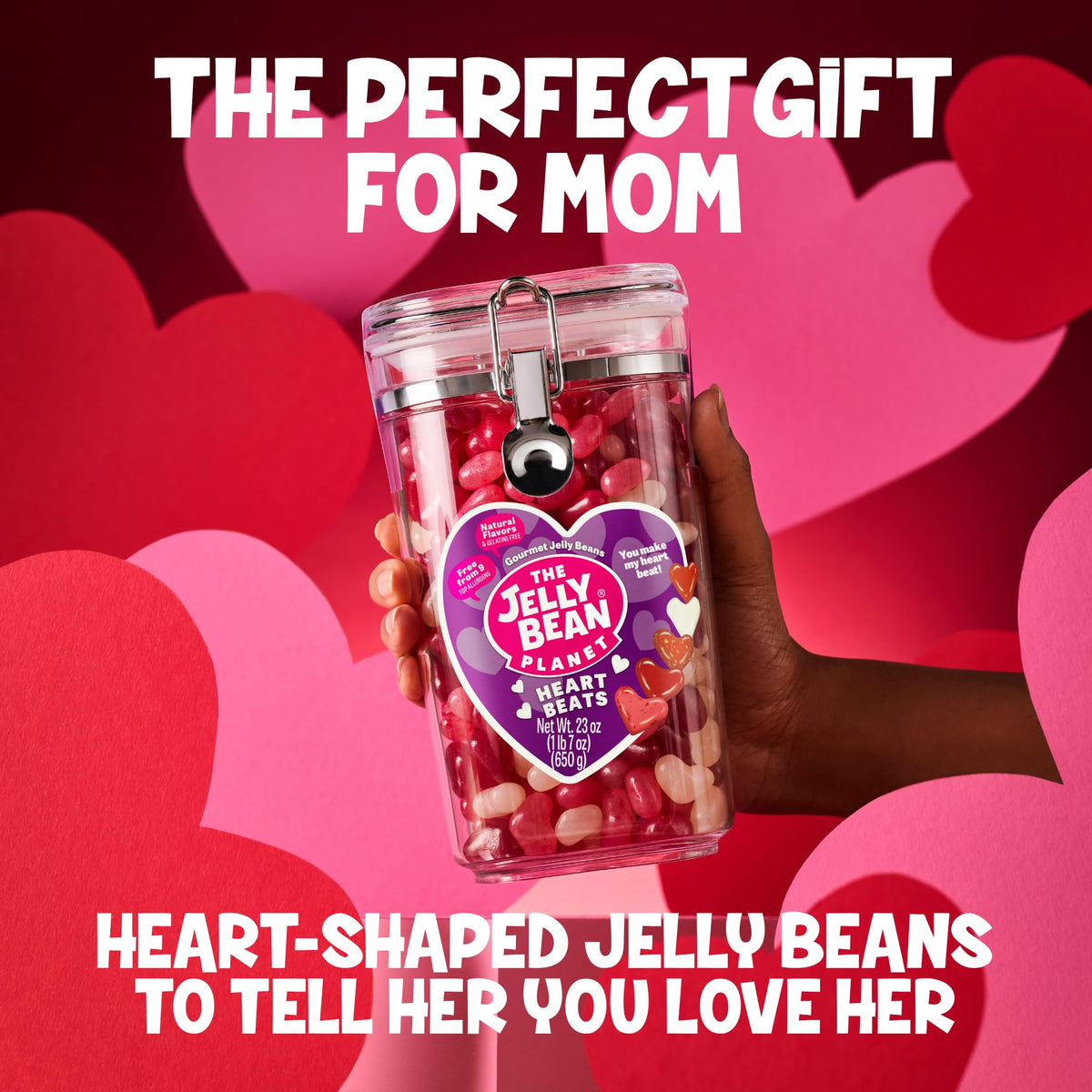 Close-up of heart-shaped jelly beans showing vibrant colors and chewy textures from The Jelly Bean Planet.