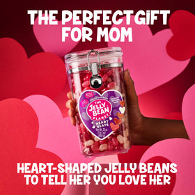Close-up of heart-shaped jelly beans showing vibrant colors and chewy textures from The Jelly Bean Planet.