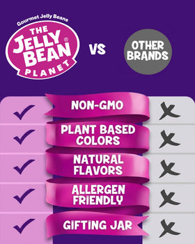 The Jelly Bean Planet jar features kosher labeling, plant-based colors, and gluten-free ingredients.