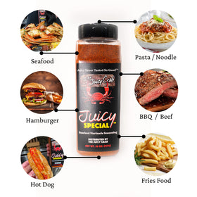 The Juicy Crab Juicy Special Cajun Seafood Marinade sprinkled on fries—versatile Cajun touch.