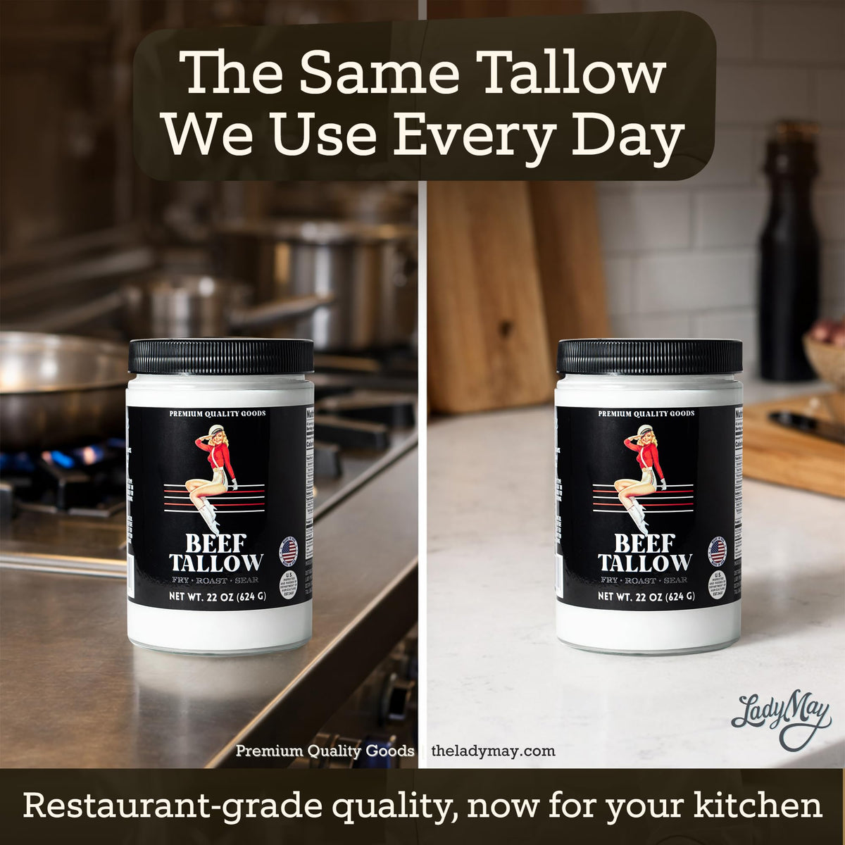 The Lady May beef tallow kitchen essential for keto-friendly cooking.