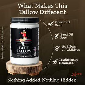 The Lady May beef tallow pan-searing vegetables for rich flavor.