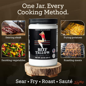 The Lady May grass-fed tallow sizzling in a pan for searing.