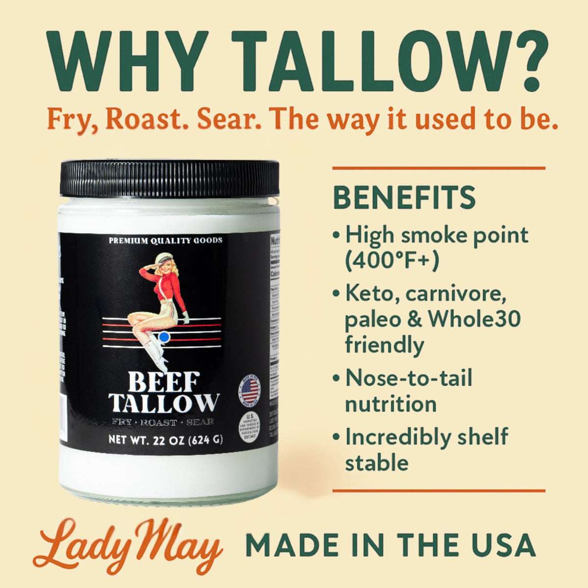 The Lady May seed oil-free tallow packaging on the pantry shelf.