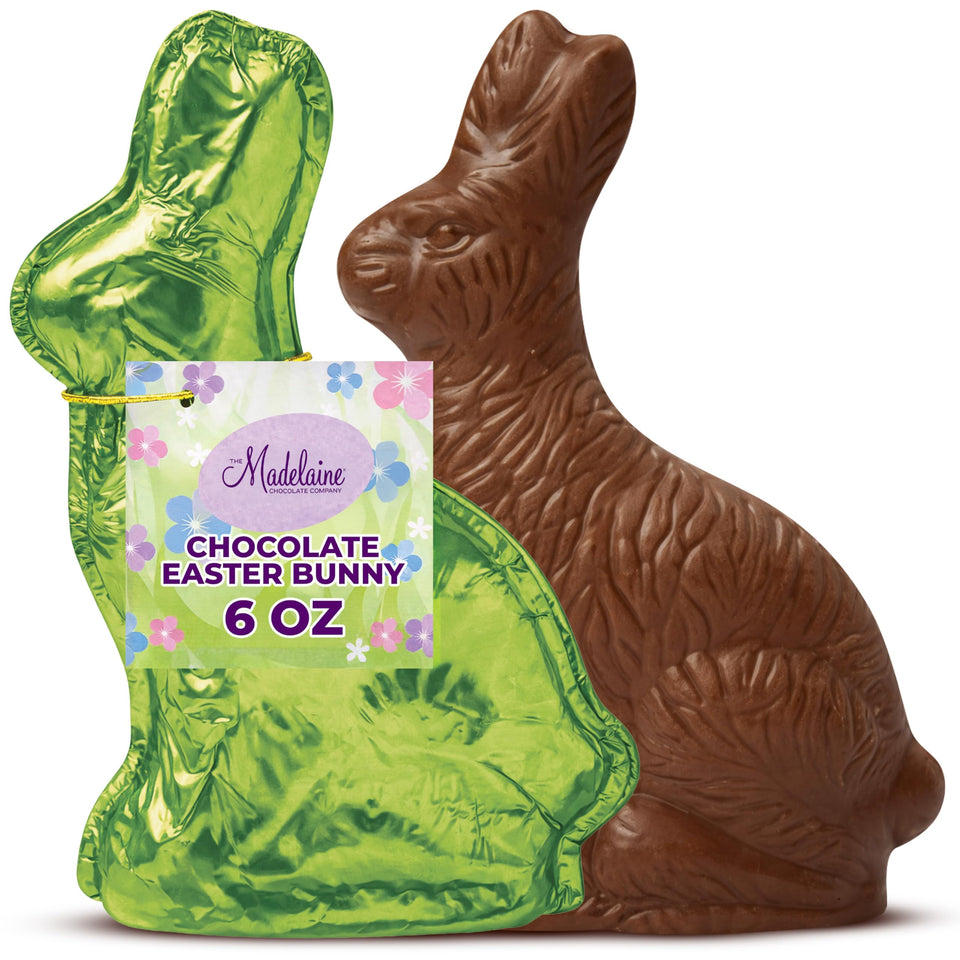 Madelaine Premium Milk Chocolate Bunny by The Madelaine Chocolate Company in green foil, perfect Easter gift.