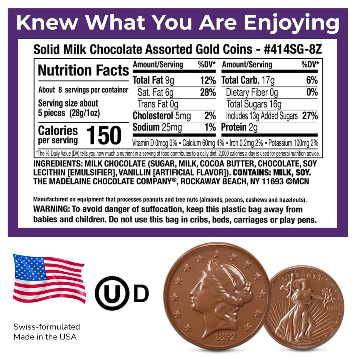 The Madelaine Chocolate Co milk chocolate coin ready for gifting and candy bowls.