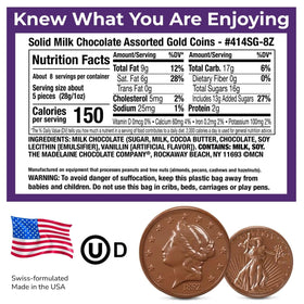 The Madelaine Chocolate Co milk chocolate coin ready for gifting and candy bowls.