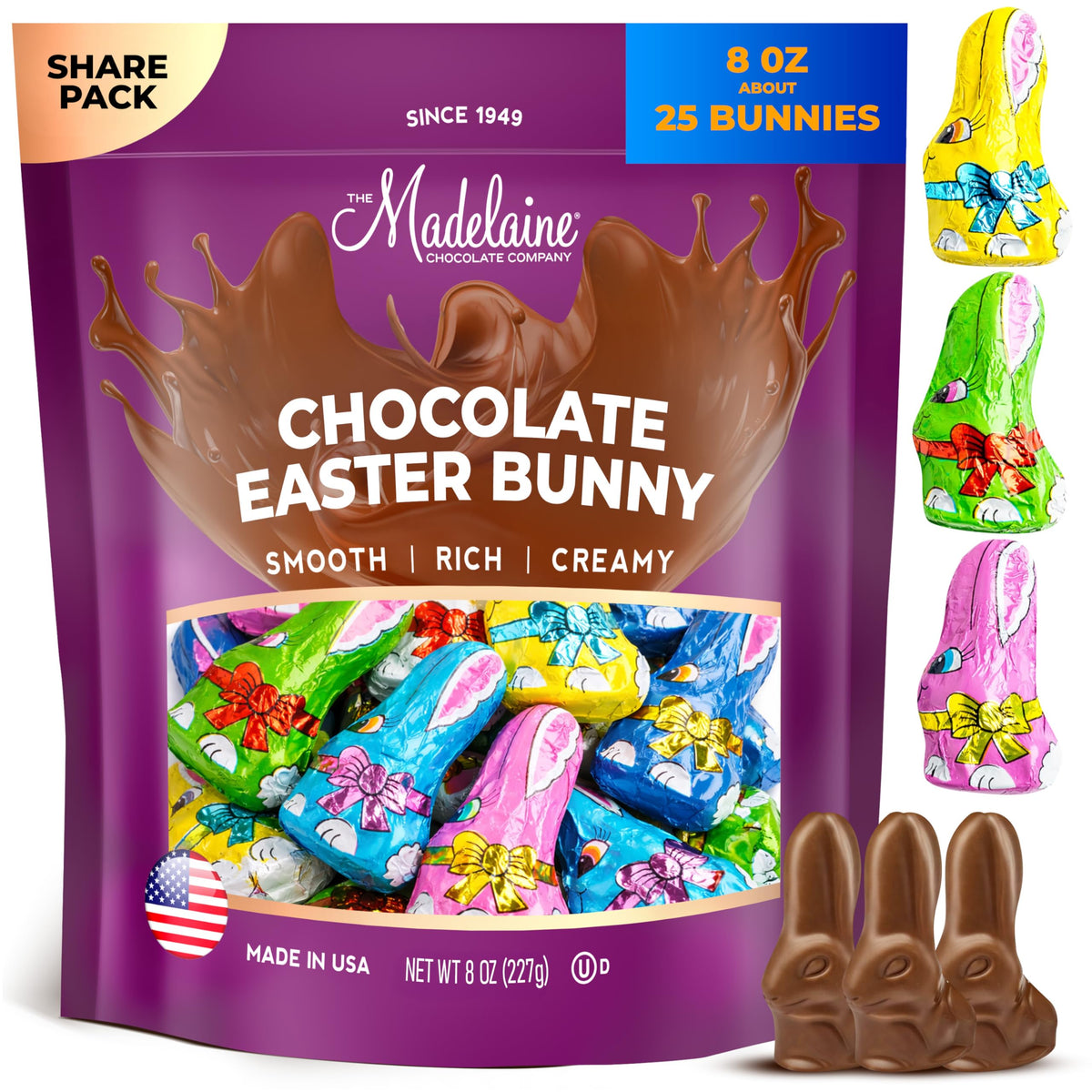 The Madeleine Easter bunny in six color foils, perfect for Easter baskets.