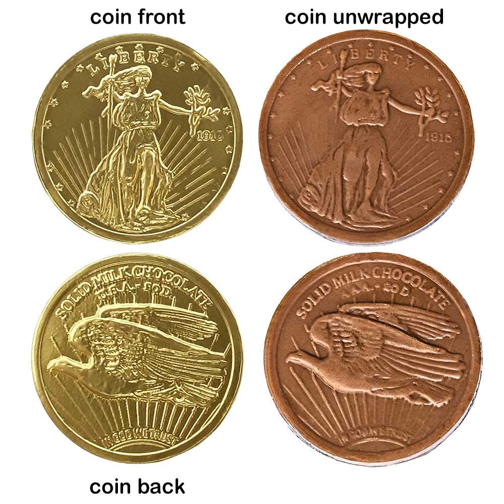 The Madeleine Chocolate Company Madelaine gold coins classic design for Easter baskets and displays.