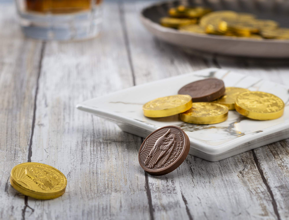 The Madeleine Chocolate Company Madelaine gold coins individually wrapped in shiny foil to stay fresh.