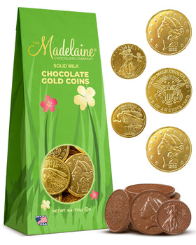 The Madelaine Chocolate Company Madelaine Gold coins package front, premium Easter candy ready for gifting.