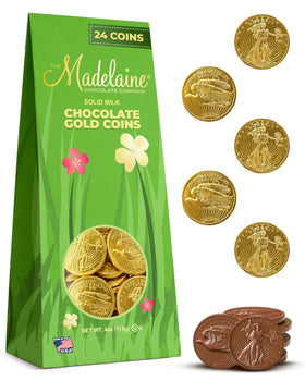 The Madeleine Chocolate Company Madelaine milk chocolate gold coins in festive packaging suitable for gifting.