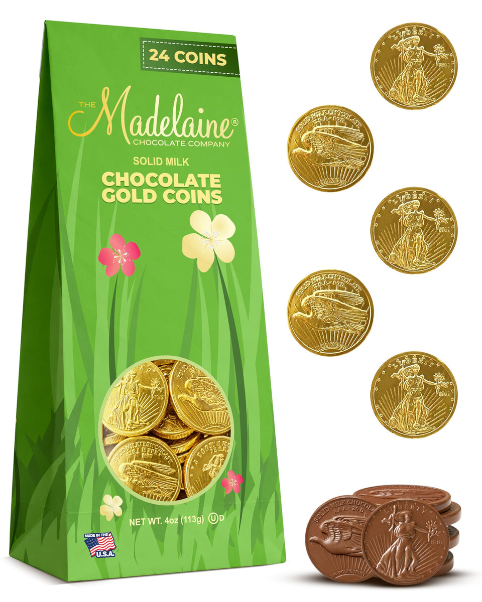 The Madeleine Chocolate Company Madelaine milk chocolate gold coins in festive packaging suitable for gifting.