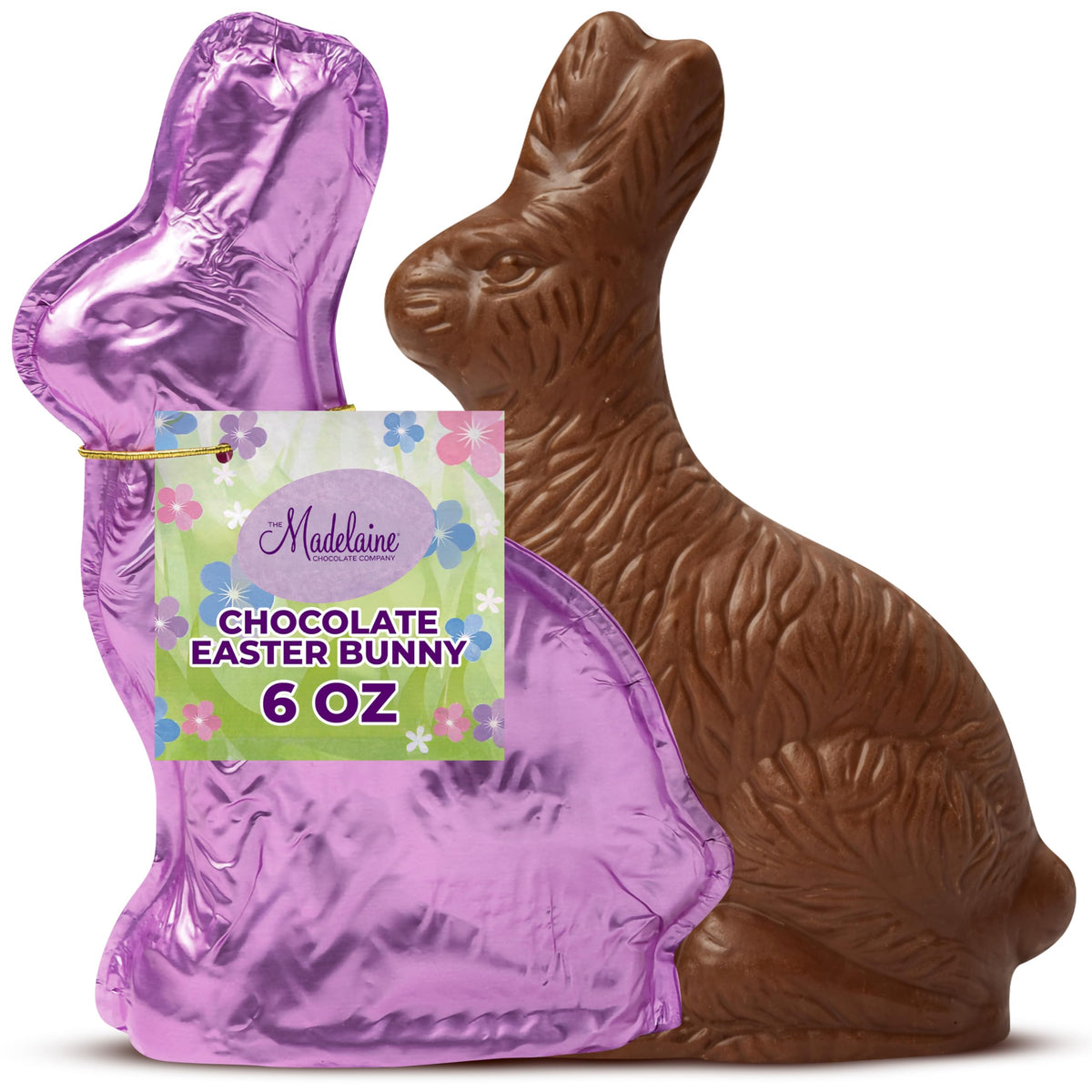 The Madeleine premium milk chocolate bunny with purple foil, an elegant Easter treat.