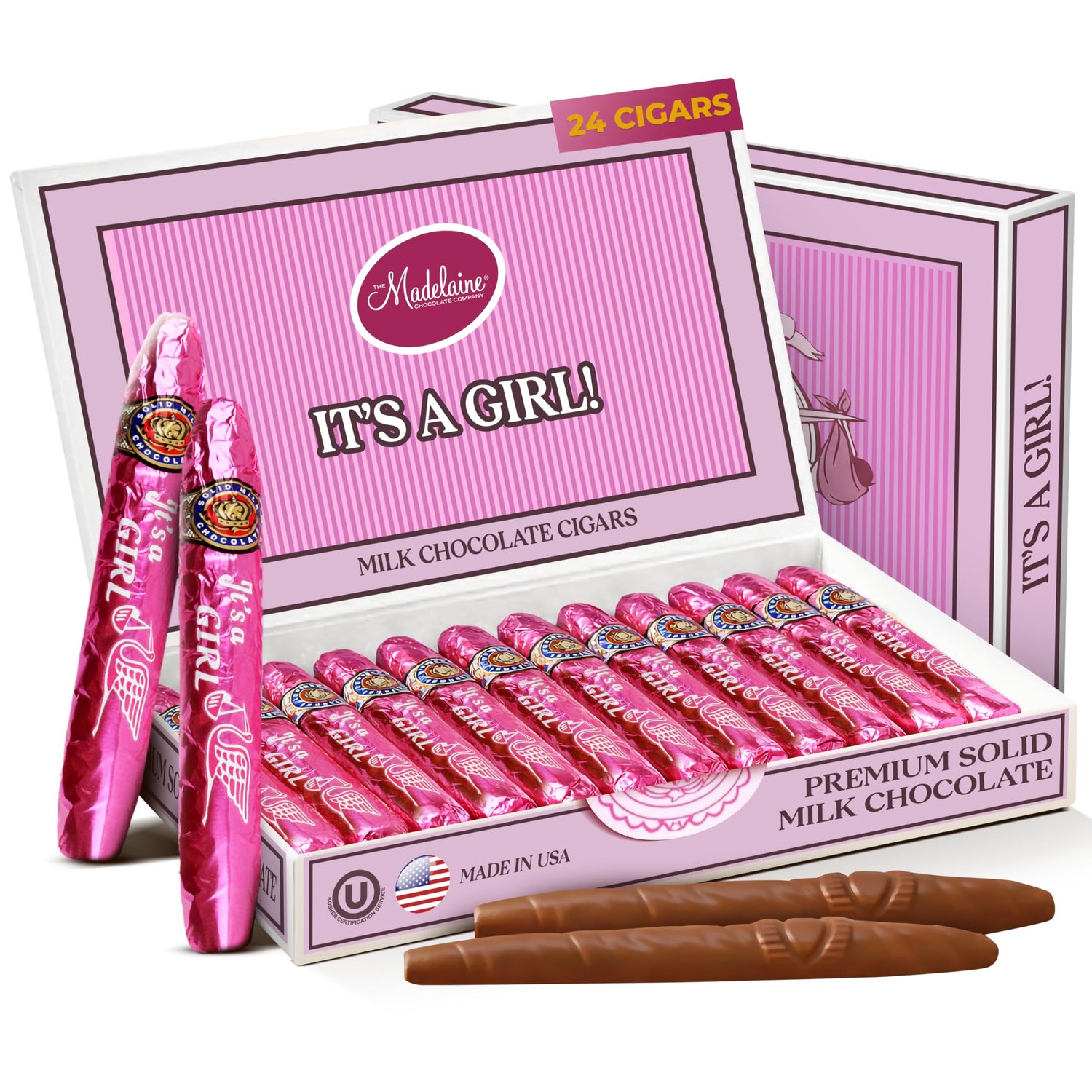 The Madelaine solid milk chocolate cigars in a gift box for baby shower favors