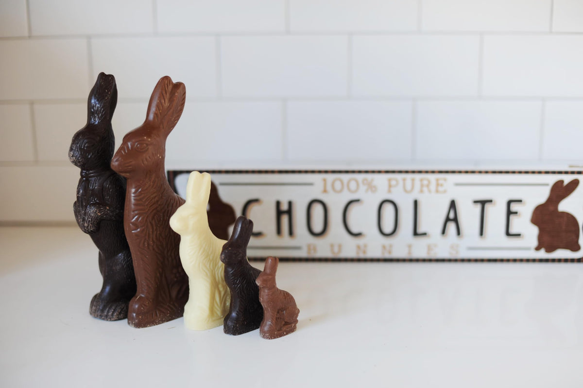 The Madeleine purple-foil wrapped bunny for festive Easter gifting.