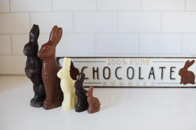 The Madeleine purple-foil wrapped bunny for festive Easter gifting.
