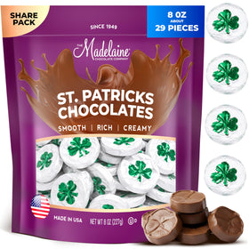 The Madelaine Chocolate Company shamrocks in matte foil for Saint Patrick's Day gifts.