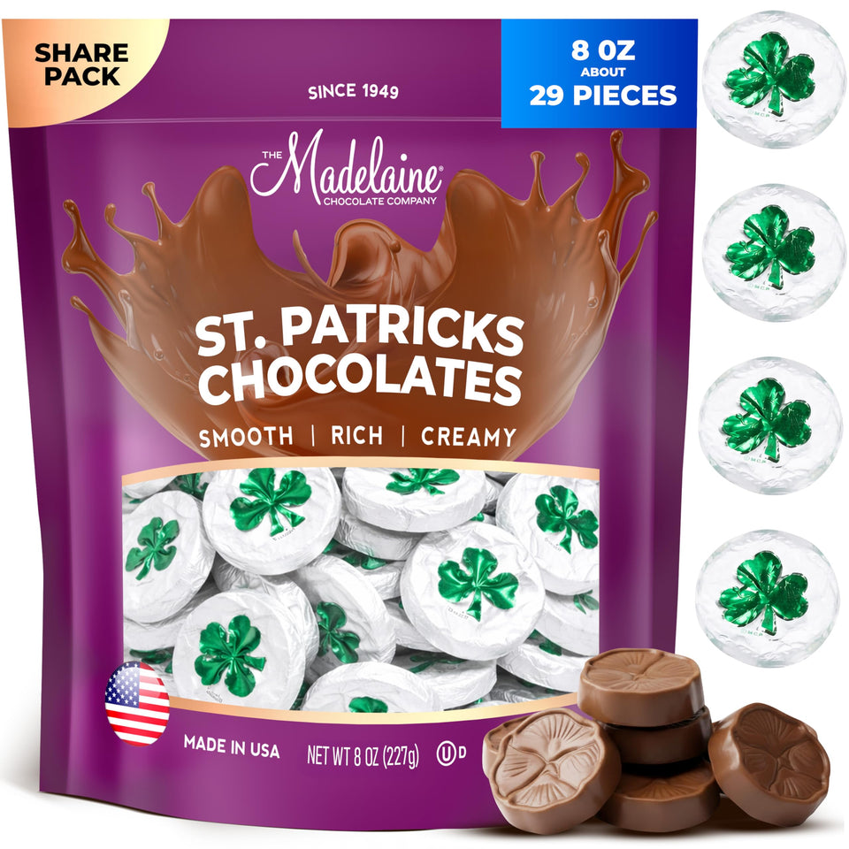 The Madelaine Chocolate Company shamrocks in matte foil for Saint Patrick's Day gifts.