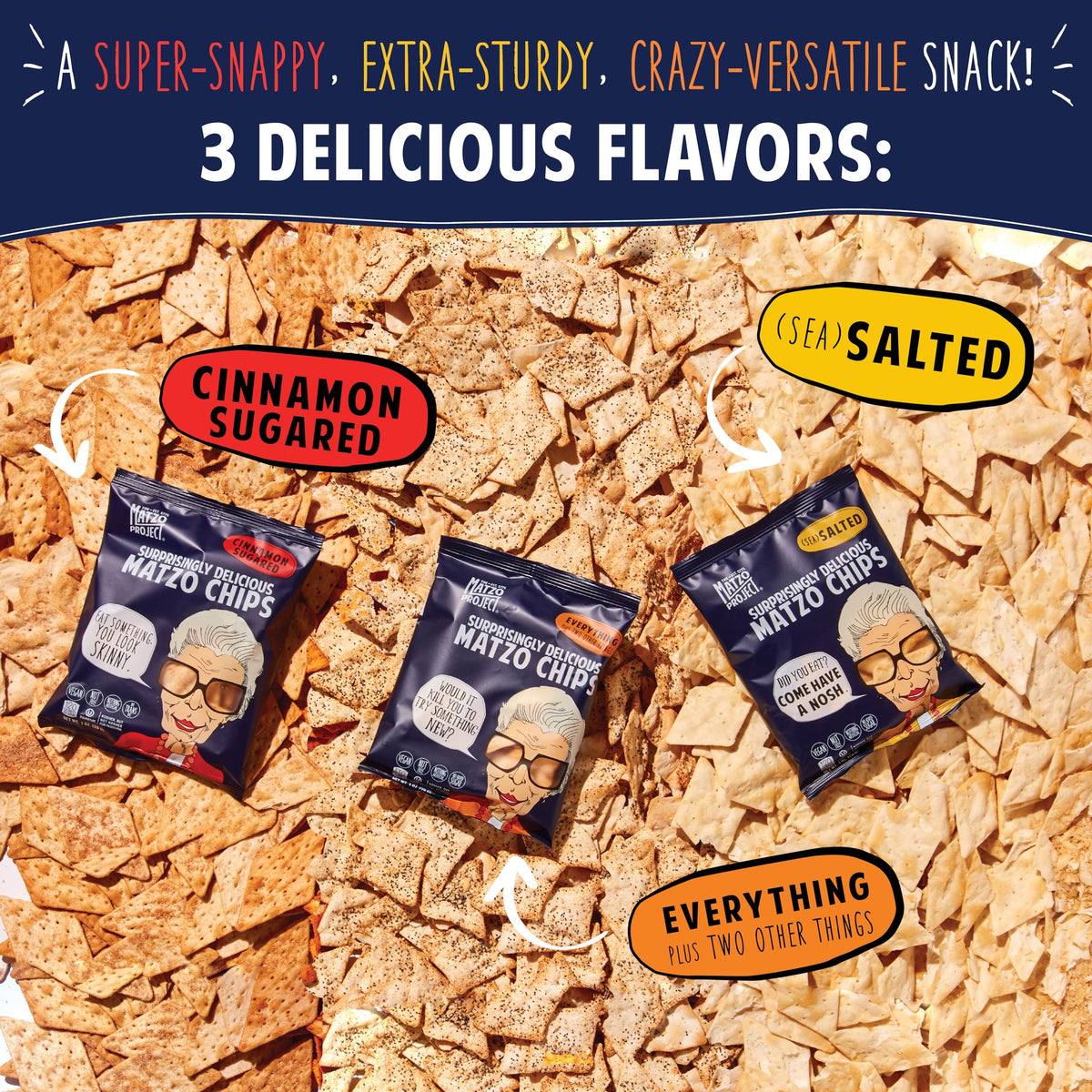 The Matzo Project Cinnamon Sugar chips 1oz bag, a sweet snack with coffee or tea.