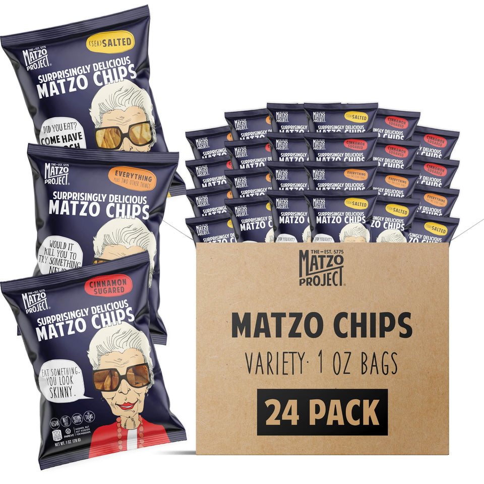 The Matzo Project Everything chips 1oz bag, perfect for dipping and on-the-go snacking.
