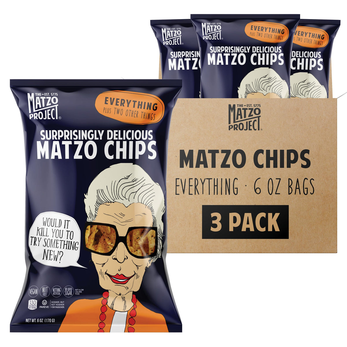 The Matzo Project Everything Flavor chips in close-up, showcasing crisp texture ideal for dipping.
