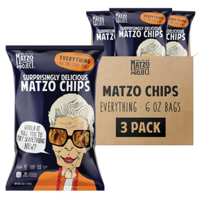 The Matzo Project Everything Flavor chips in close-up, showcasing crisp texture ideal for dipping.
